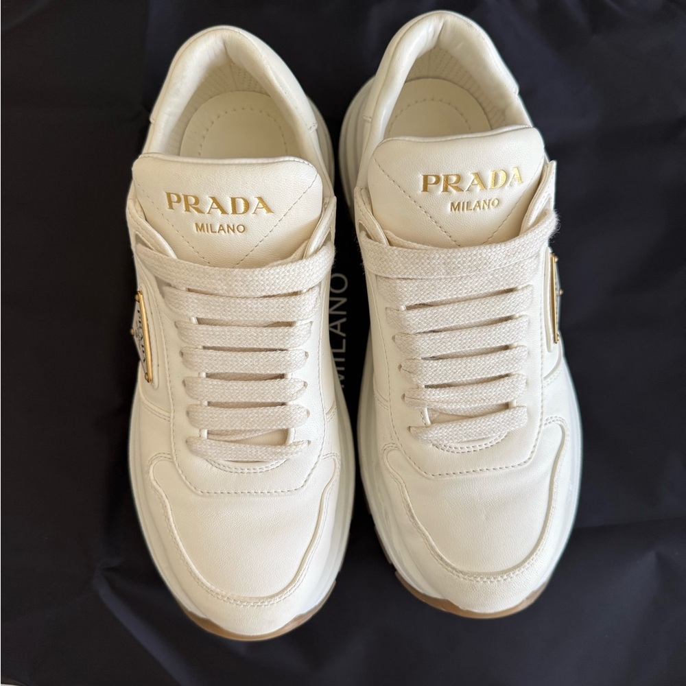 Prada leather Cream Sneakers with Brown Sole - Picture 12 of 15